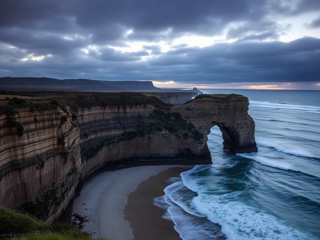 Limestone cliffs and surf along the Great Ocean Road at dusk