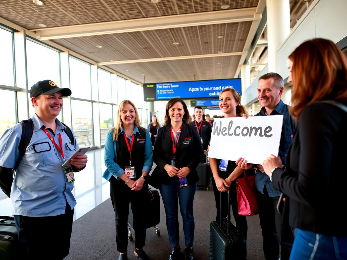 Ground operations staff welcoming arriving travellers at an Australian airport